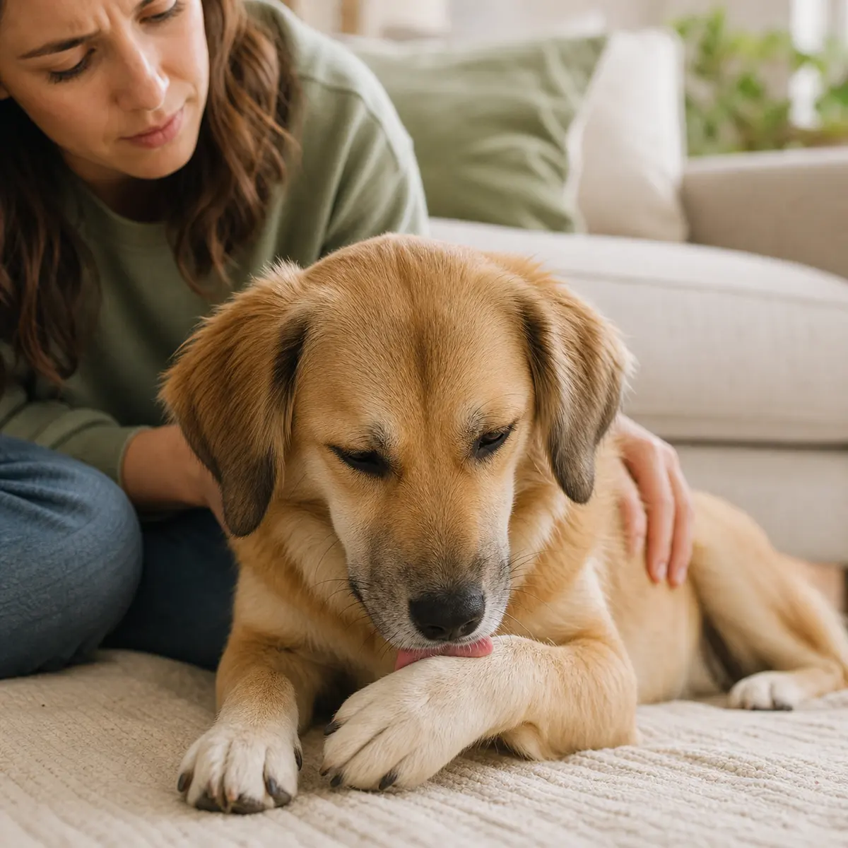 A dog licking its paw while an owner sits nearby
